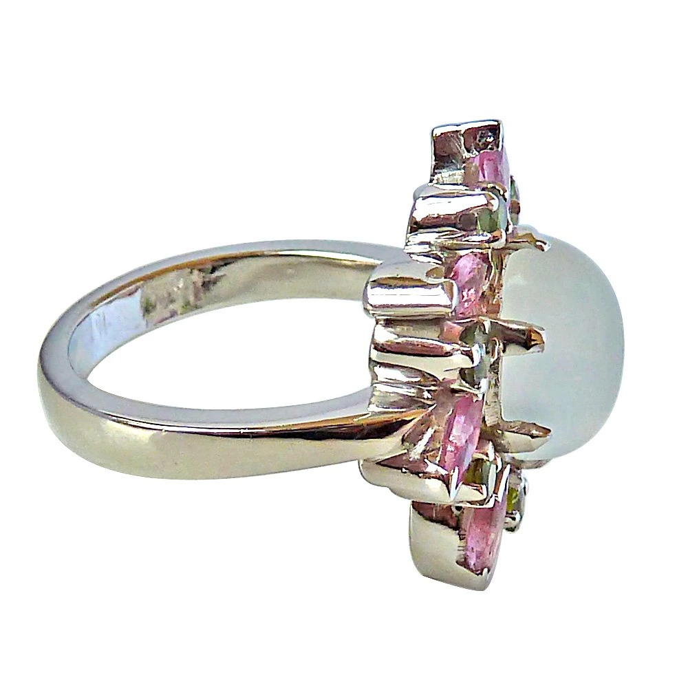 4.09ct Moonstone, Pink & Green Tourmaline Silver Cocktail Ring for Your Love (GSR26)