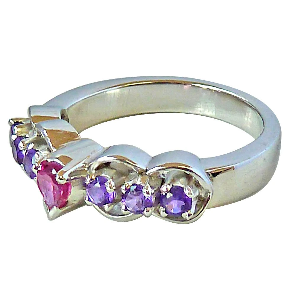 Pear shape Pink Tourmaline & Round Purple Amethyst Ring in Silver for Her (GSR30)