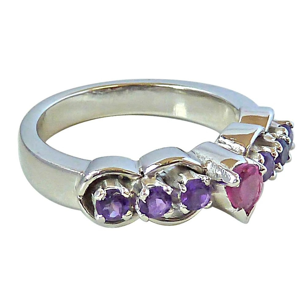 Pear shape Pink Tourmaline & Round Purple Amethyst Ring in Silver for Her (GSR30)