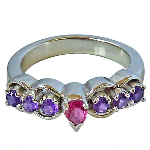 Pear shape Pink Tourmaline & Round Purple Amethyst Ring in Silver for Her (GSR30)