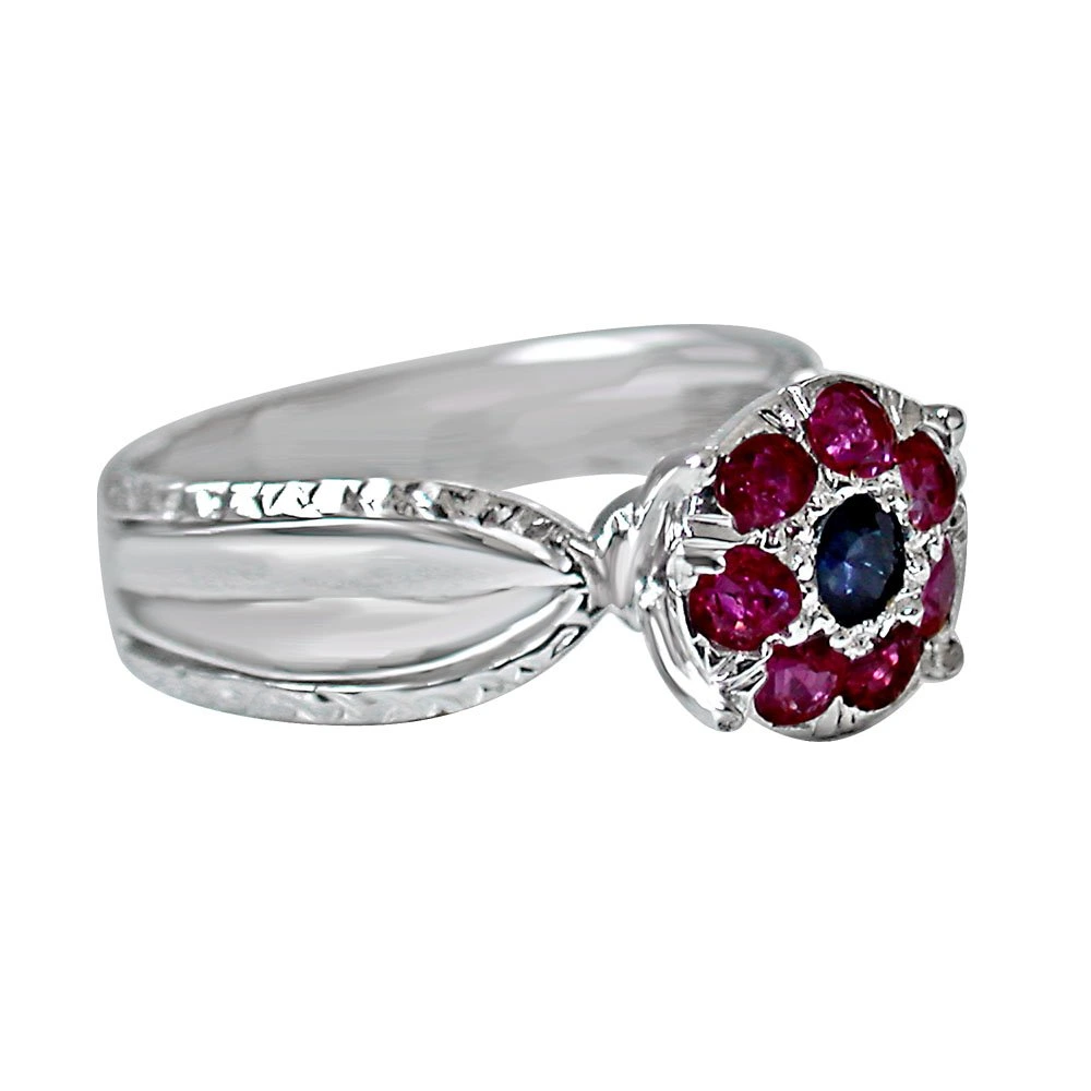 Blue sapphire & Red Ruby in Flower Shaped Silver Ring (GSR46)