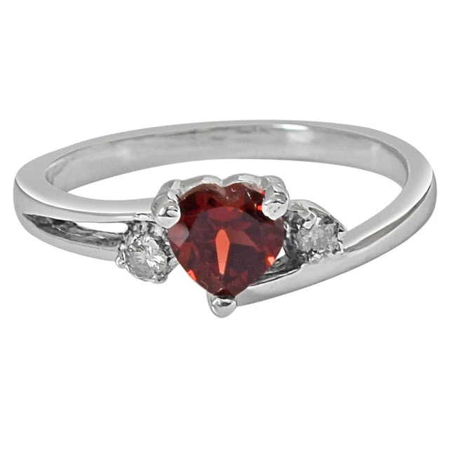 Heart Shaped Red Solitaire Garnet & Real Diamond 925 Sterling Silver Ring (GSR56)