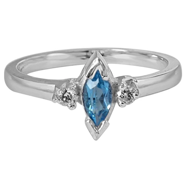 Marquise Shaped Blue Solitaire Topaz & Real Diamond 925 Sterling Silver Ring (GSR58)