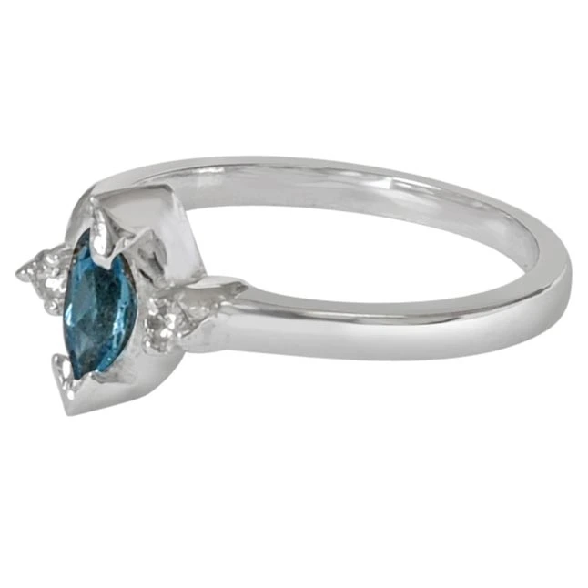 Marquise Shaped Blue Solitaire Topaz & Real Diamond 925 Sterling Silver Ring (GSR58)