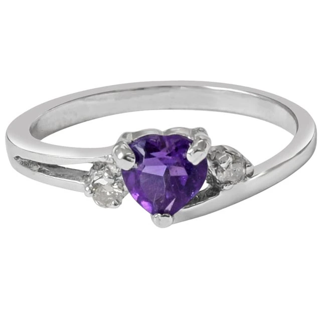 Heart Shaped Purpple Solitaire Amethyst & Real Diamond 925 Sterling Silver Ring (GSR59)