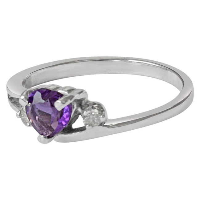 Heart Shaped Purpple Solitaire Amethyst & Real Diamond 925 Sterling Silver Ring (GSR59)