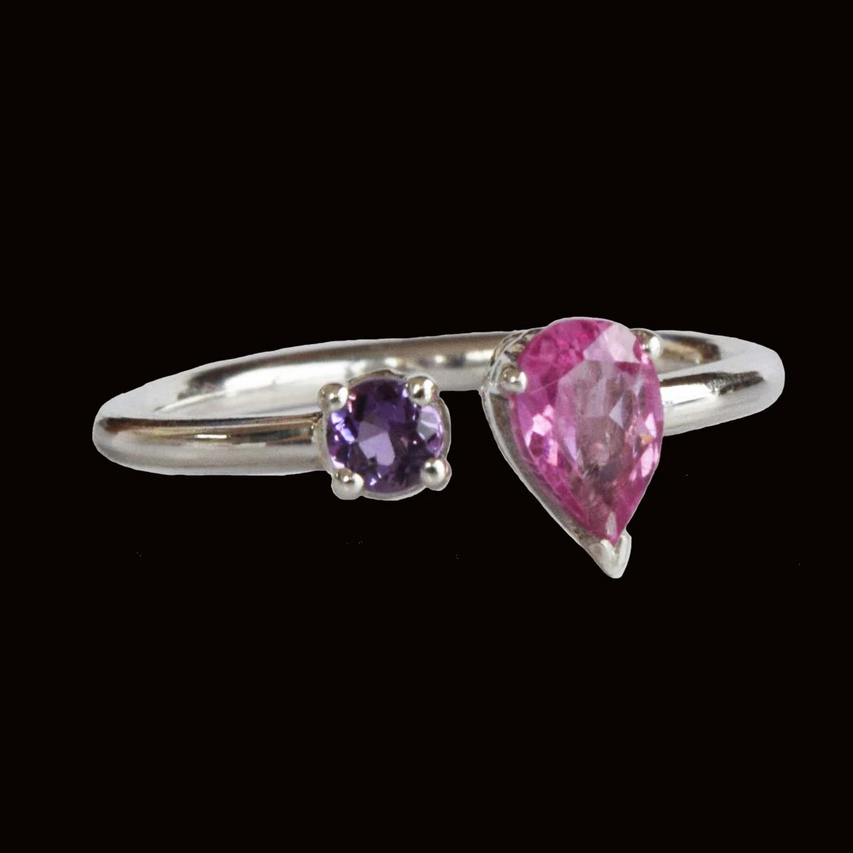 Pear Pink Tourmaline and Purple Amethyst 925 Sterling Silver Ring for Women (GSR71)