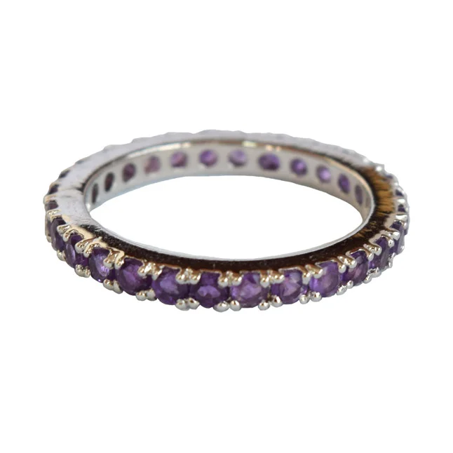 A Circle of Elegance: Round Purple Amethyst Full Eternity 925 Sterling Silver Ring (GSR78)