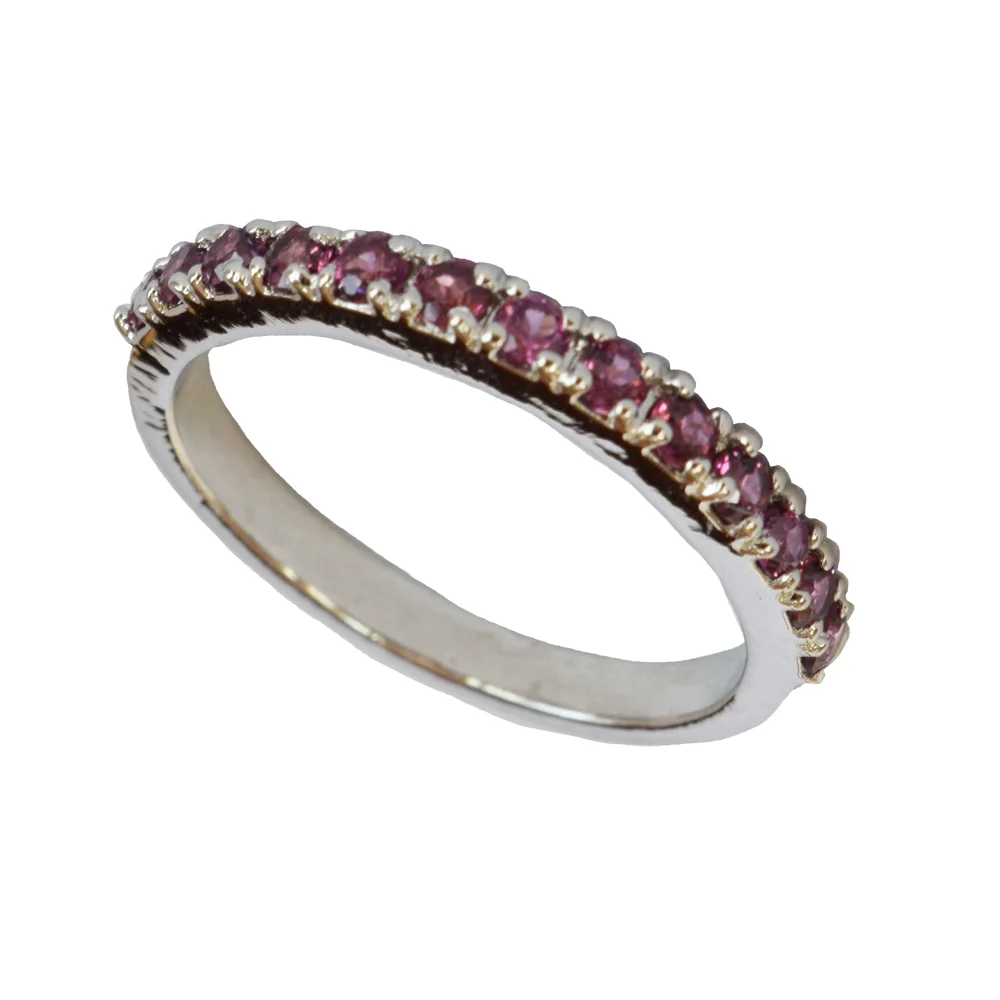 Round Pink Rhodolite Half Eternity 925 Sterling Silver Ring (GSR83)