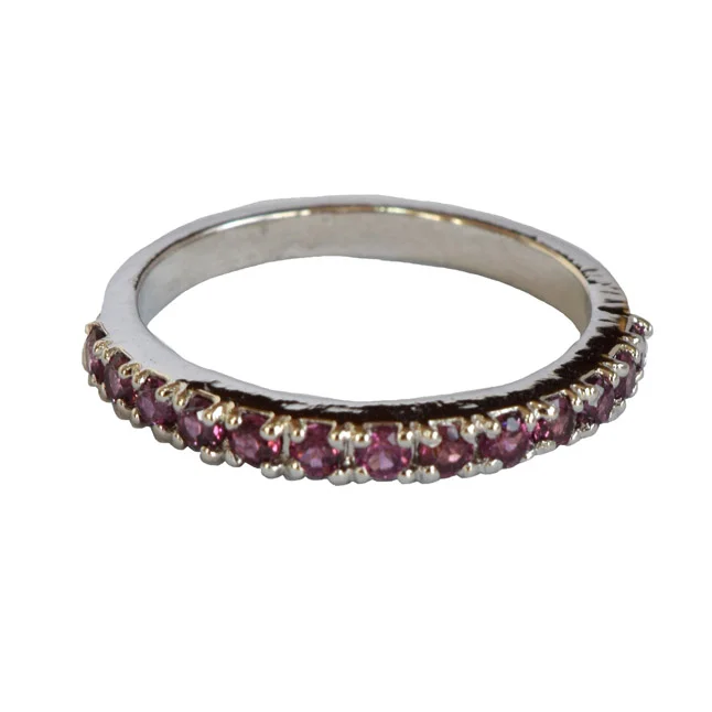 Round Pink Rhodolite Half Eternity 925 Sterling Silver Ring (GSR83)