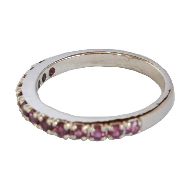 Round Pink Rhodolite Half Eternity 925 Sterling Silver Ring (GSR83)