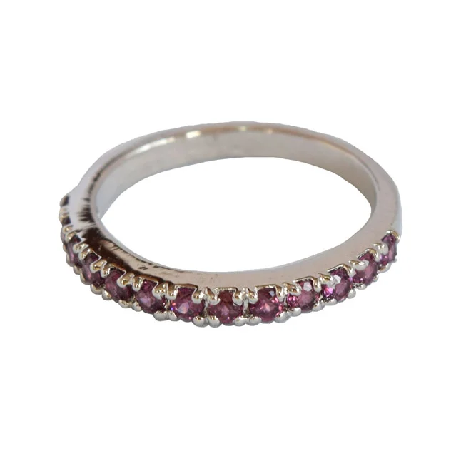 Round Pink Rhodolite Half Eternity 925 Sterling Silver Ring (GSR83)