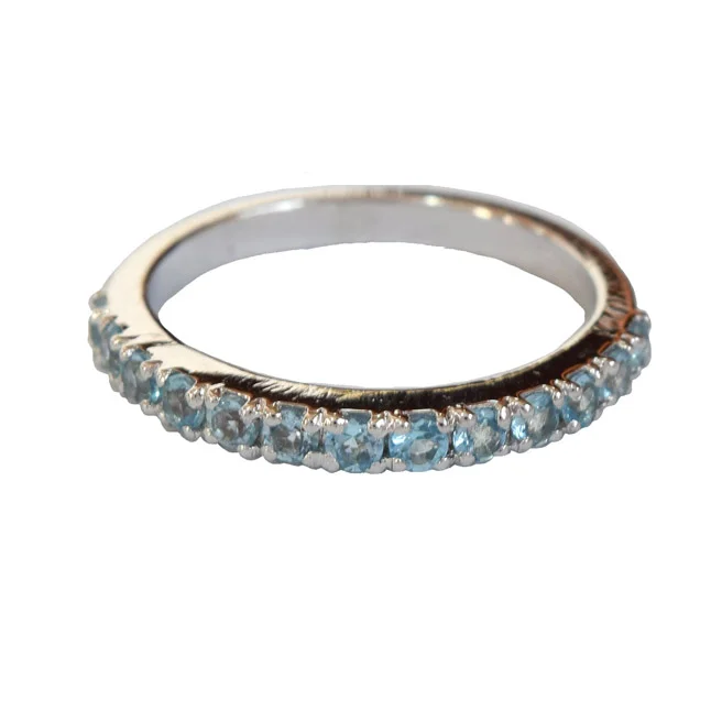 A Wave of Brilliance: Round Blue Topaz Half Eternity 925 Sterling Silver Ring (GSR86)