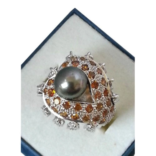 5.22 cts Black Beauty Real Tahitian Pearl, Citrin & White Topaz Silver Ring (GSR9)