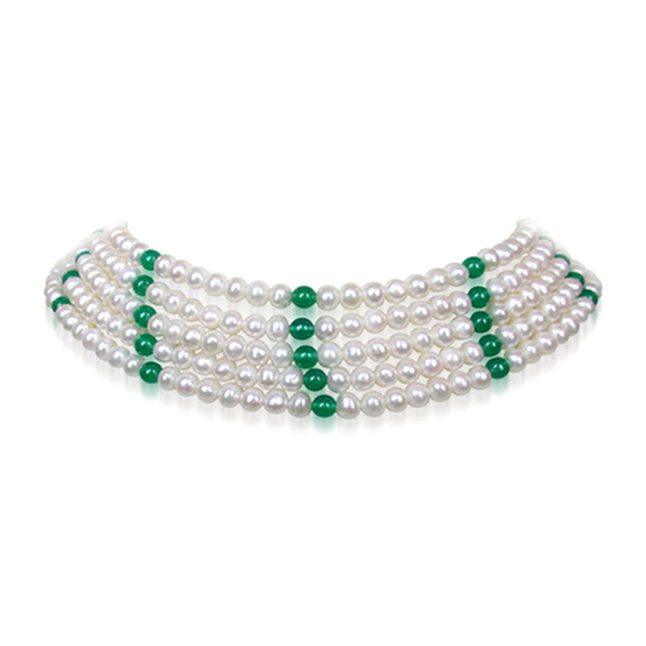 Grandiloquence - 5 Line Freshwater Pearl & Green Onyx Beads Necklace for Women (SN82)