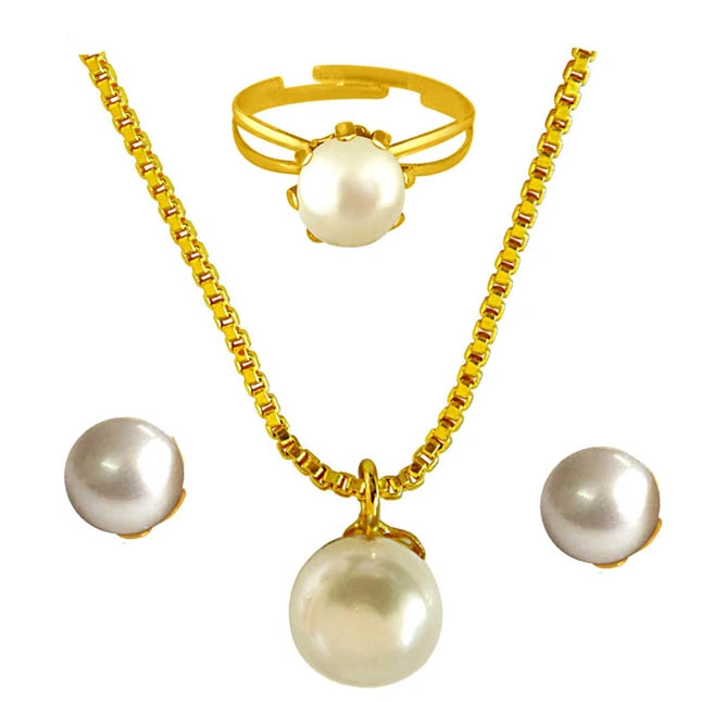 Real Round Pearl Pendant & 22 IN Chain, Real Pearl Stud Earrings & Ring Jewellery for Women (H1532)