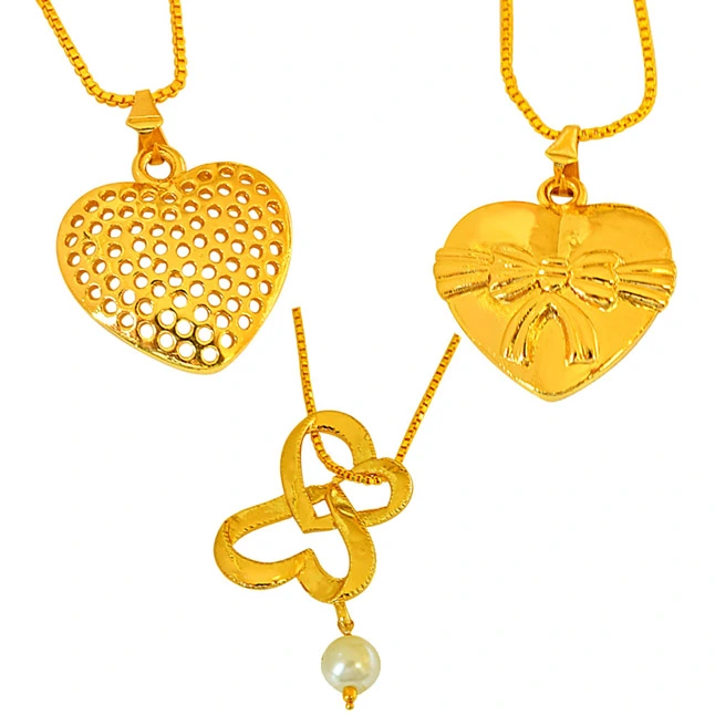 Set of 3 Shell Pearl and Gold Plated Heart Shaped Pendant for Women with 22 IN Chain (H1850)