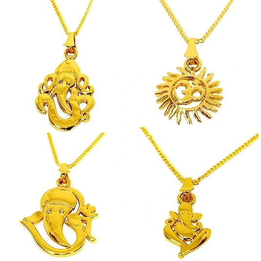 Set of 4 OM and Ganesha Gold Plated Religious Pendant for All with 22 in Chain (H1886)