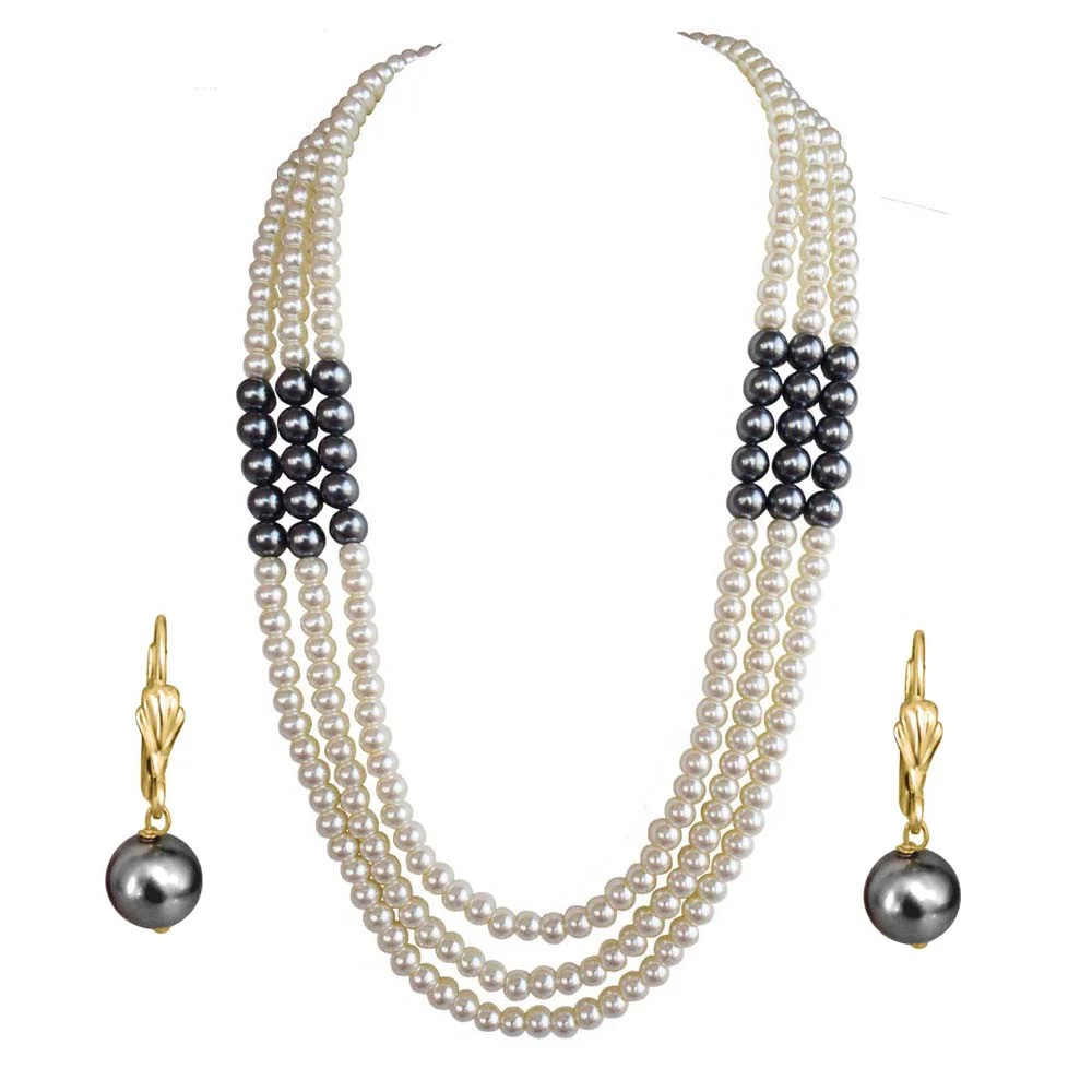 3 Line White & Gray Shell Pearl Necklace & Grey Shell Pearl and Flower Shaped Gold Plated Wire Dangle and Drop Earrings (H2000)