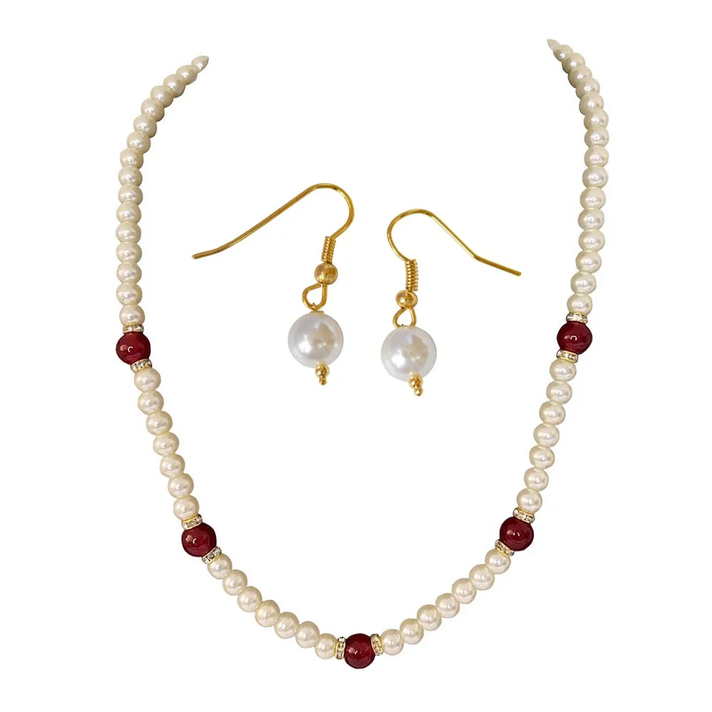 Radiant Charms: Enchanted White Shell Pearl & Crimson Bead Necklace & 6 mm White Shell Pearl and Gold Plated Wire Hanging Earrings (H2002)