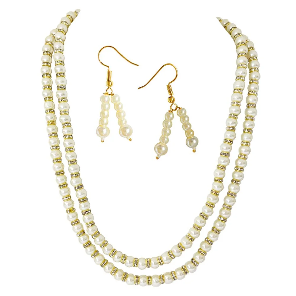 Timeless Two-Line Shell Pearl Necklace with Gold-Plated Chakri A Symphony of Grace & Gold Plated Shell Pearl Hanging Earrings for Women (H2004)