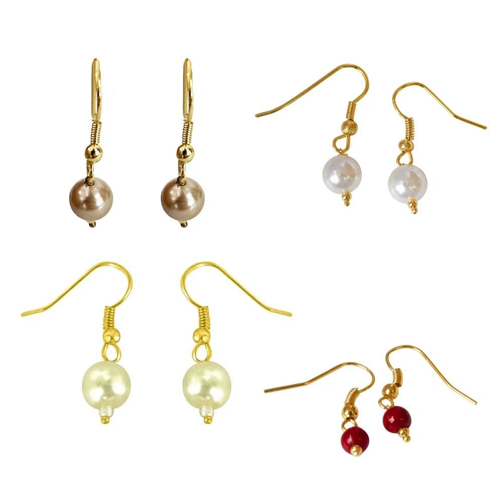 Round Shape Red & Yellow Imitation Shell Pearl & Gold Plated Hanging Earrings (H2005)