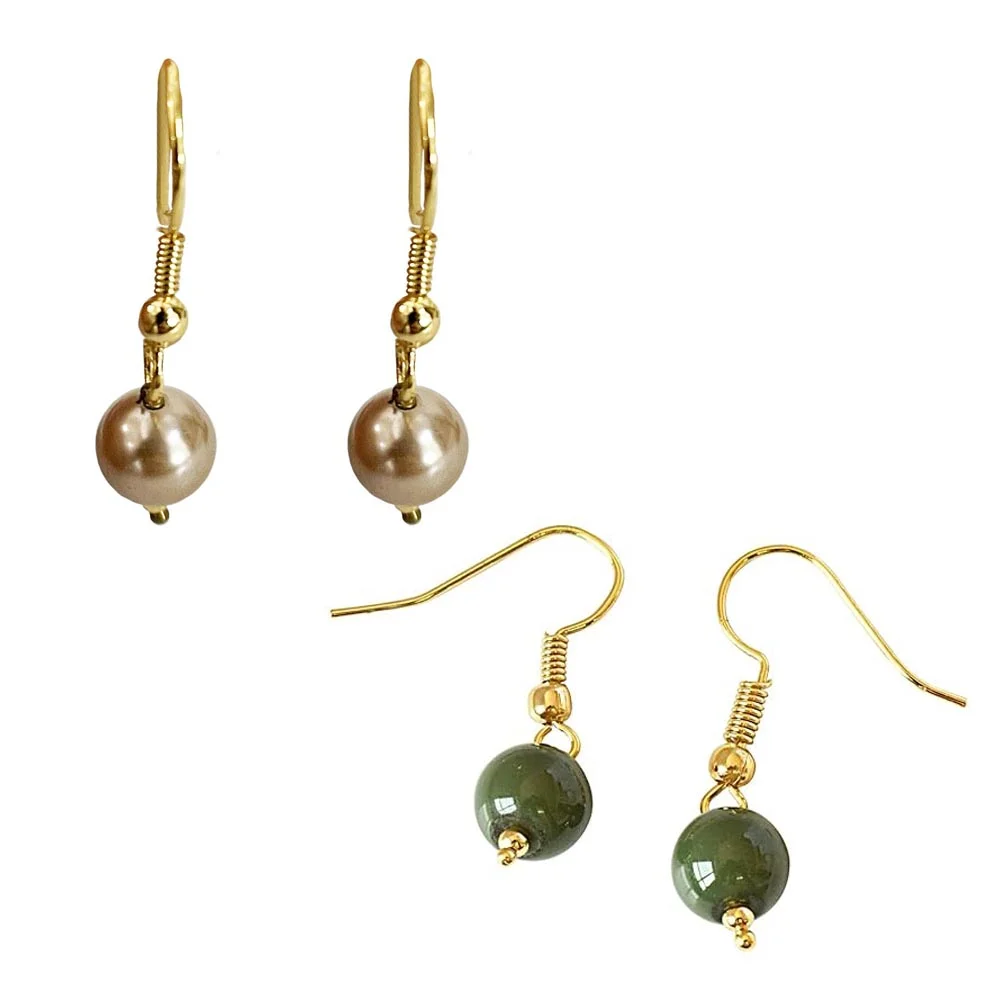 Round Shape Brown Imitation Shell Pearl, Green Shell Pearl & Gold Plated Wire Hanging Earrings (H2006)