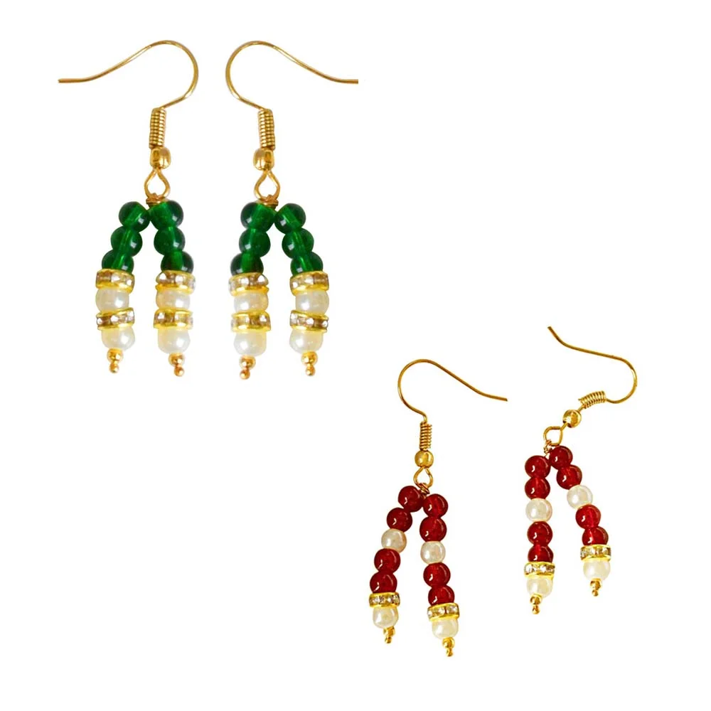 Trendy Gold Plated Metal Shell Pearl Colored Stone & Gold-Plated Shell Pearl & Green Stone Hanging Earrings (H2008)