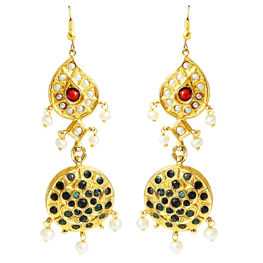 Beautiful Hanging Red & Green Polki Earring (Nav. Earring1)