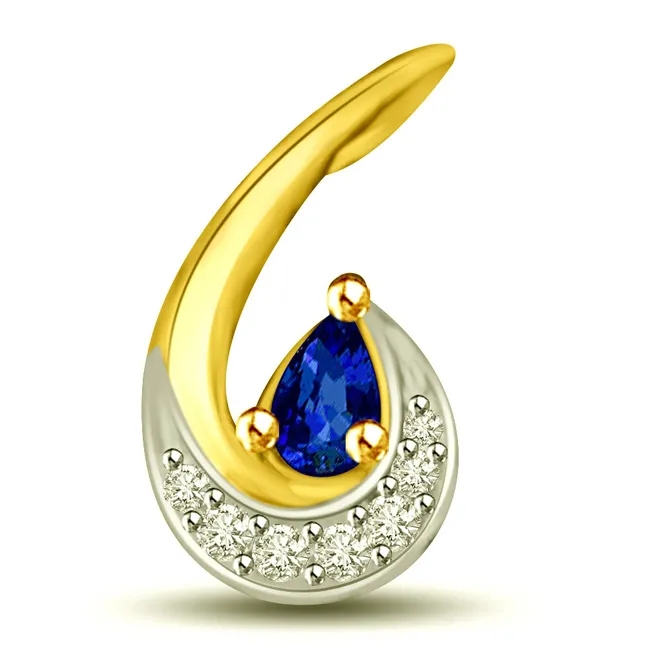 Twisted Leaf Diamond & Blue Sapphire Pendants -P1003