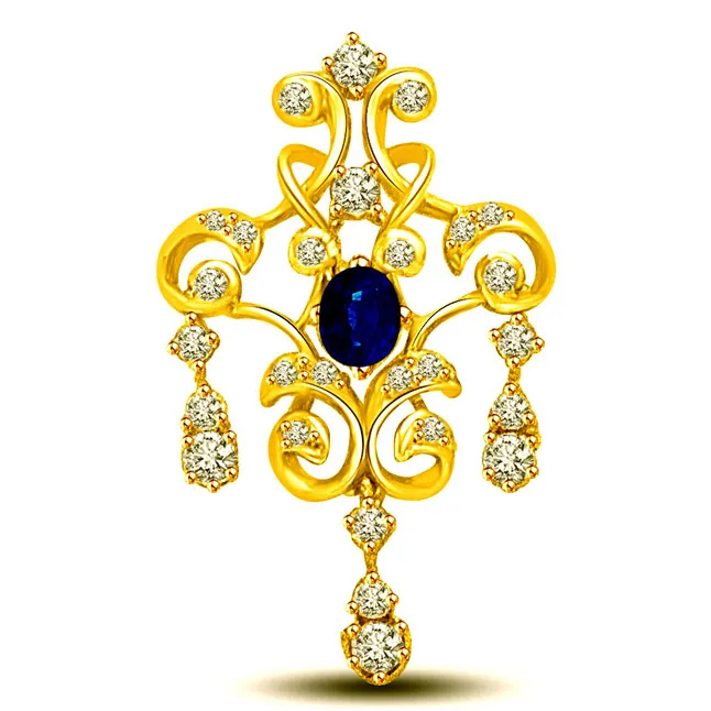 Glittery Floral Effect 0.28cts Real Oval Sapphire & Diamond 18kt Gold Pendant (P1005)