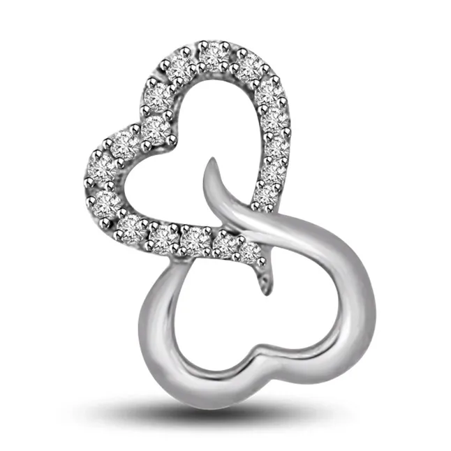 One Above Another White Gold Real Diamond Heart Pendant (P1020)