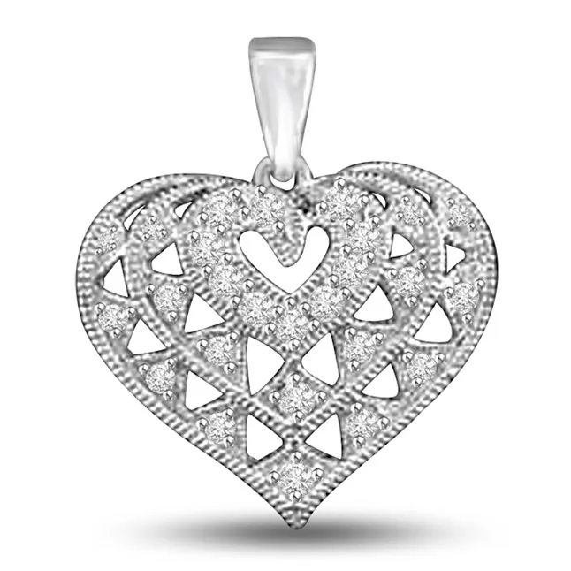 Fine White Gold Engraved Real Diamond Heart Pendant for Her (P1021)