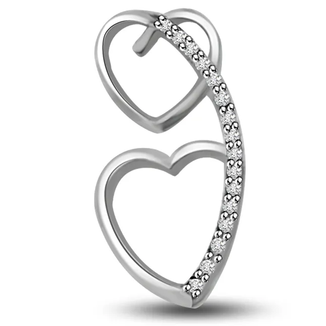 For You & Me 0.16cts Twin Heart White Gold Real Diamond Pendant (P1024)
