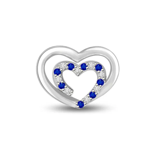 Bond of TWO Hearts Real Diamond & Blue Sapphire White Gold Heart Pendant in 14kt White Gold (P1030)