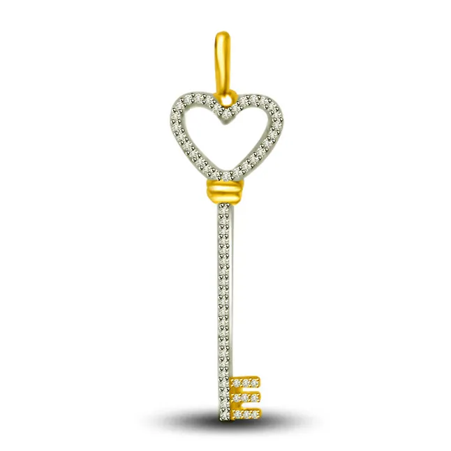 A Key to My Love - Real Diamond Two Tone Heart Pendant (P1038)