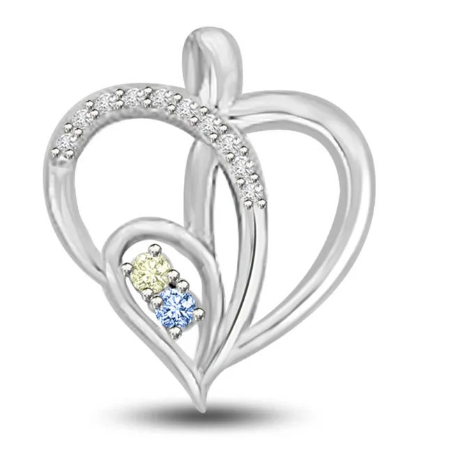 Cris Cross Heart Real Diamond & Blue ,Golden Topaz White Gold Heart Pendant (P1041)