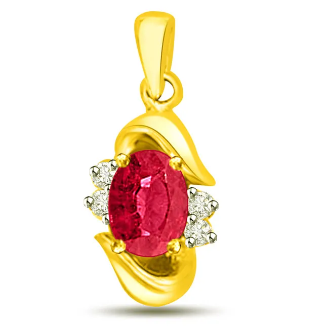 Stunning Red Ruby And Real Diamond Pendant In Yellow Gold (P1085)