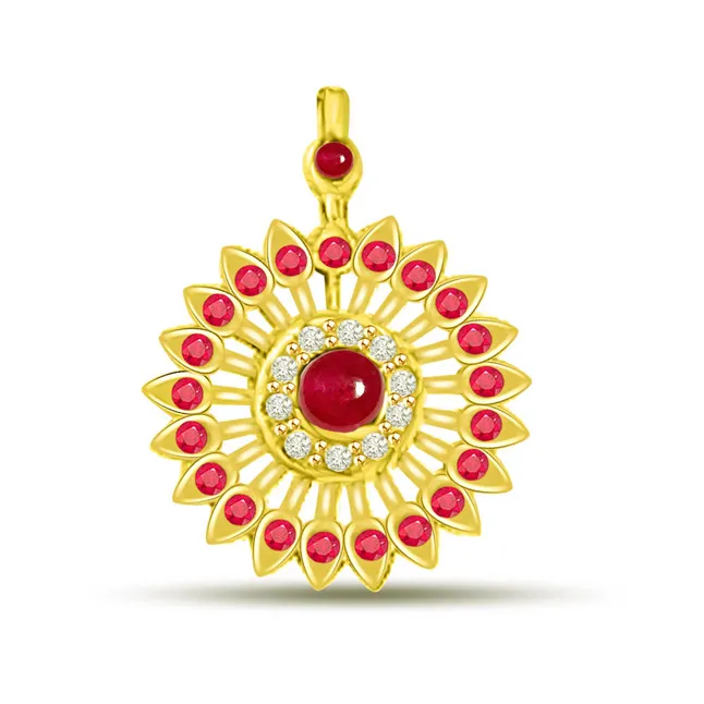Sparkling Chakra Real Red Ruby Pendant In Yellow Gold With Diamonds (P1090)