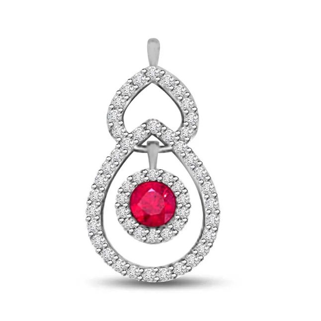 True Beauty Drop Shaped Real Diamond Pendant With A Red Round Ruby (P1092)