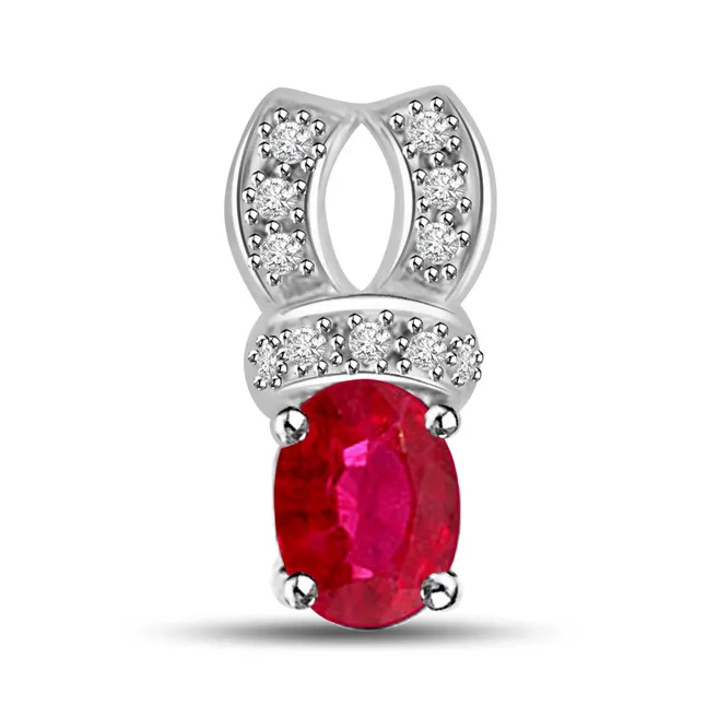 Passionate Curve Radiant White Gold Pendant Of Real Red Ruby And Diamonds (P1098)