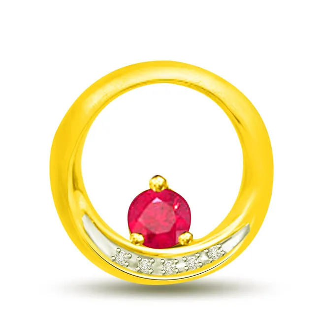 Real Ruby In A Round 0.18 TCW Red Ruby And Diamond Pendant In Yellow Gold (P1114)