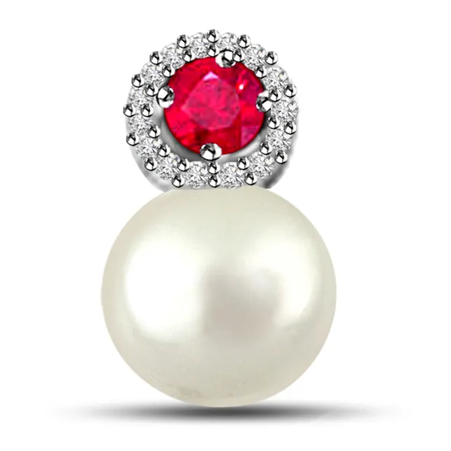 Marvelous Real Pearl Pendant With Diamonds And Ruby (P1122)