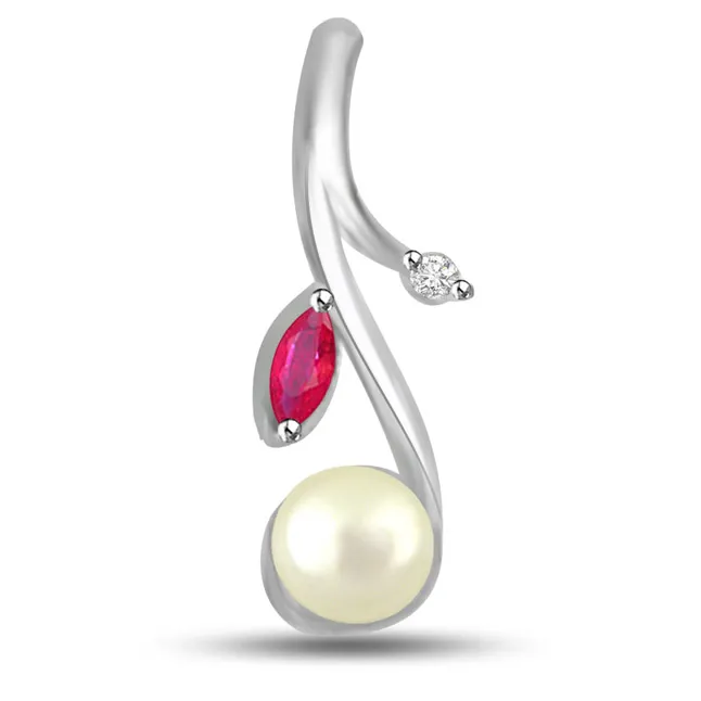 Stunning Real Pearl Pendant With Diamond And Ruby (P1126)