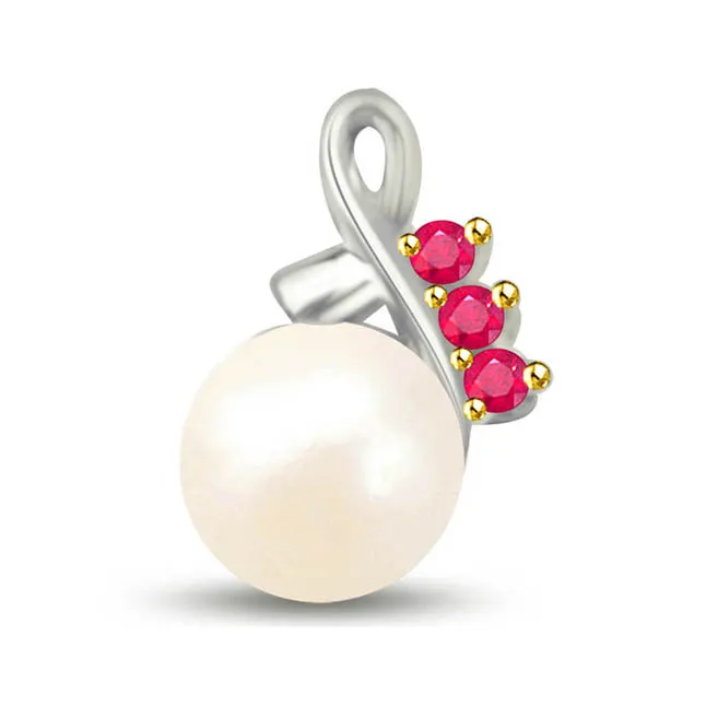 Stunning White Gold Pendant Of Real Pearl And Rubies (P1127)