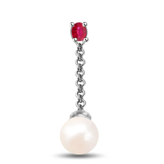 Real Pearl Pendant With Red Round Ruby In 14kt White Gold (P1128)