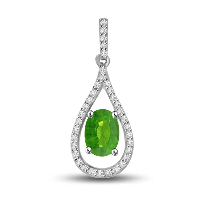 Green Lotus 0.55 TCW Real Emerald And Diamond Drop Shaped Pendant (P1153)