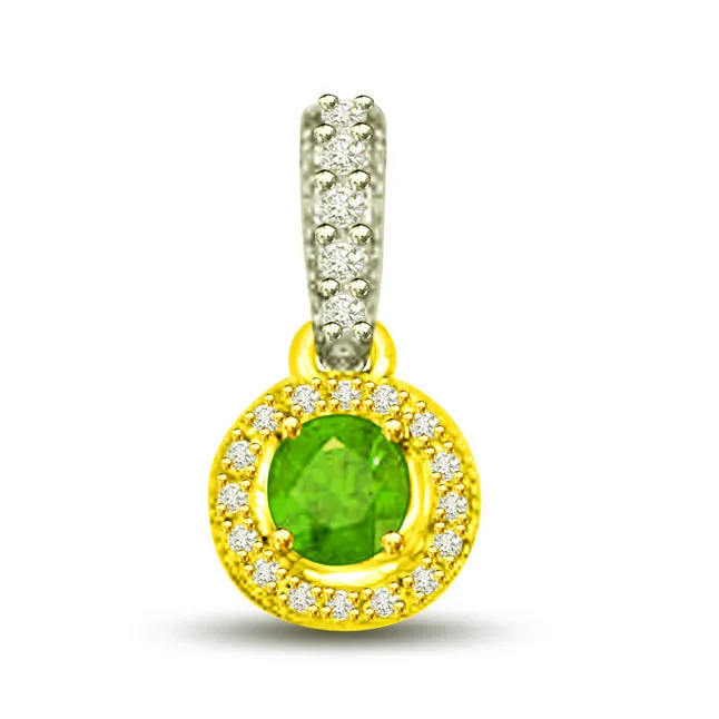 Shining Princess 0.80 TCW Two Tone Pendant Of Real Emeralds And Diamonds (P1155)