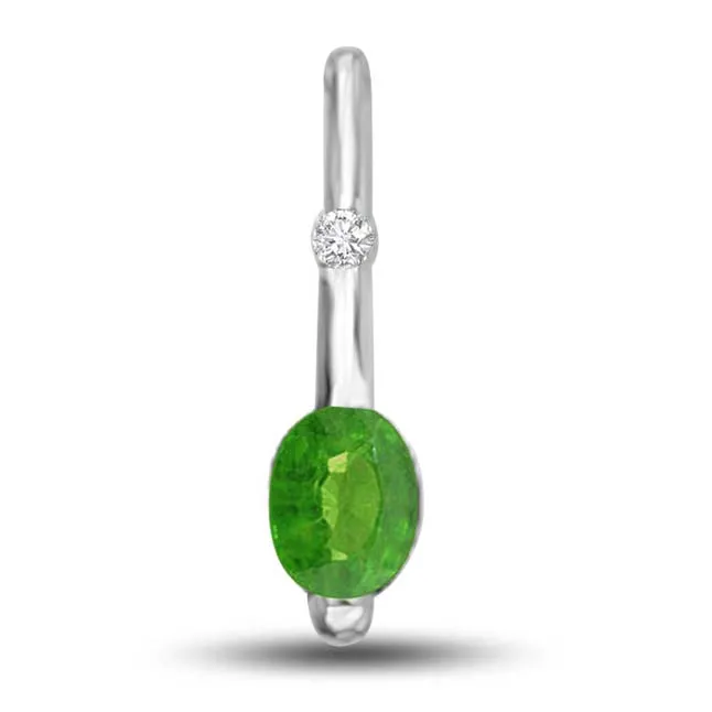 Exceptional Real Emerald And Diamond Pendant In 14kt White Gold (P1183)