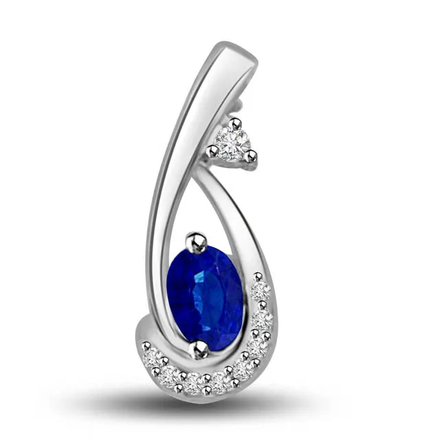 Queen of Pendant : Real Diamond & Blue Sapphire White Gold Pendant for Her (P1259)